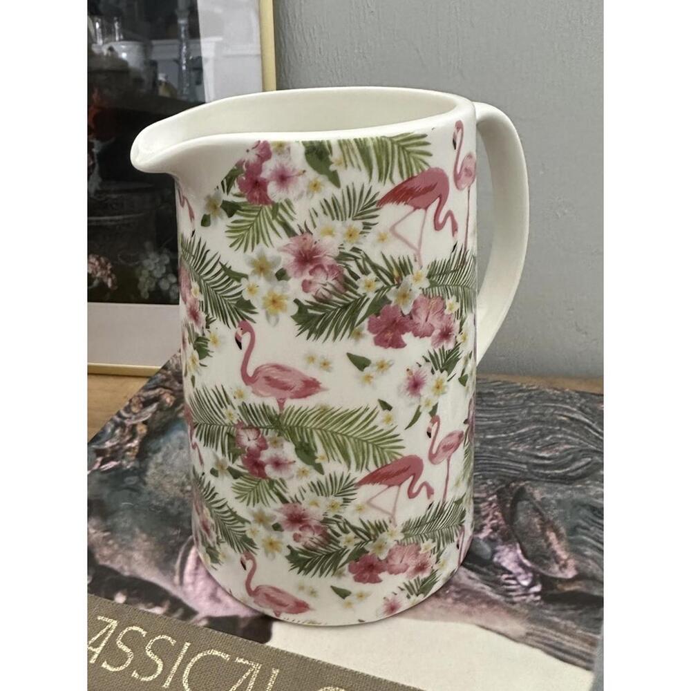 Grace Fine Porcelain Flamingo Pitcher W/ A Tropical Palms & Hibiscus Desig - Picture 4 of 6